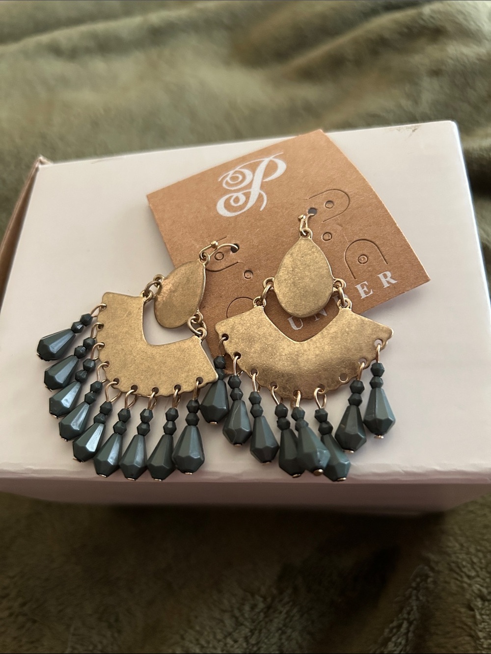 Plunder Gold-Tone Fan Earrings with Gray Bead Fringe